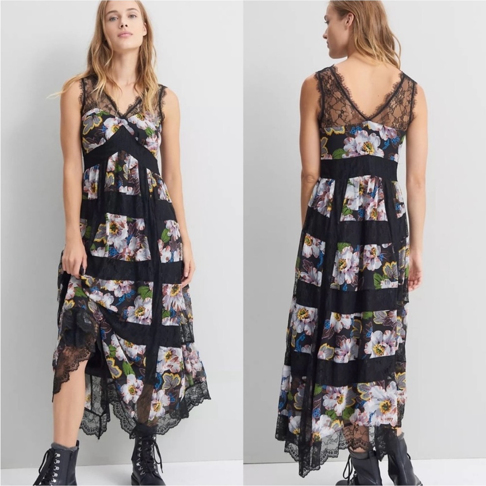 Anthropologie Kasandra Bias Cut Floral Lace Tiered Maxi Dress Sz 2